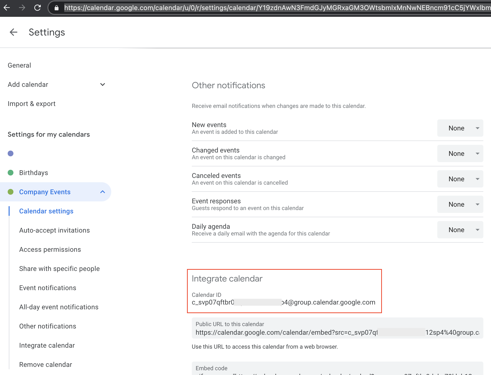 Calendar ID in calendar settings