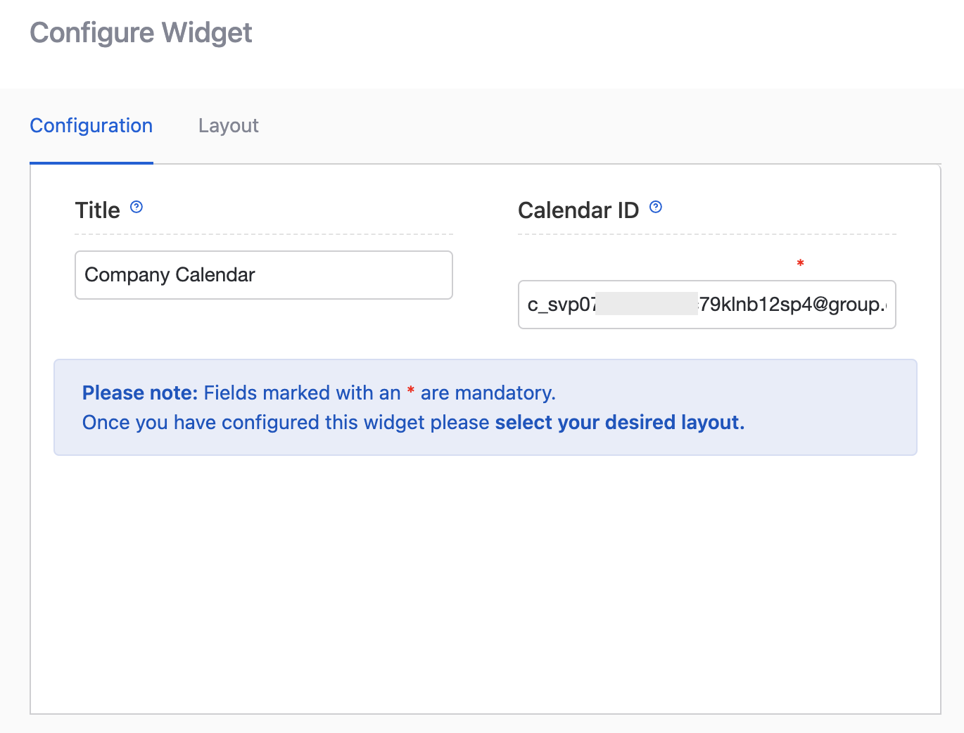 Google Calendar widget configuration