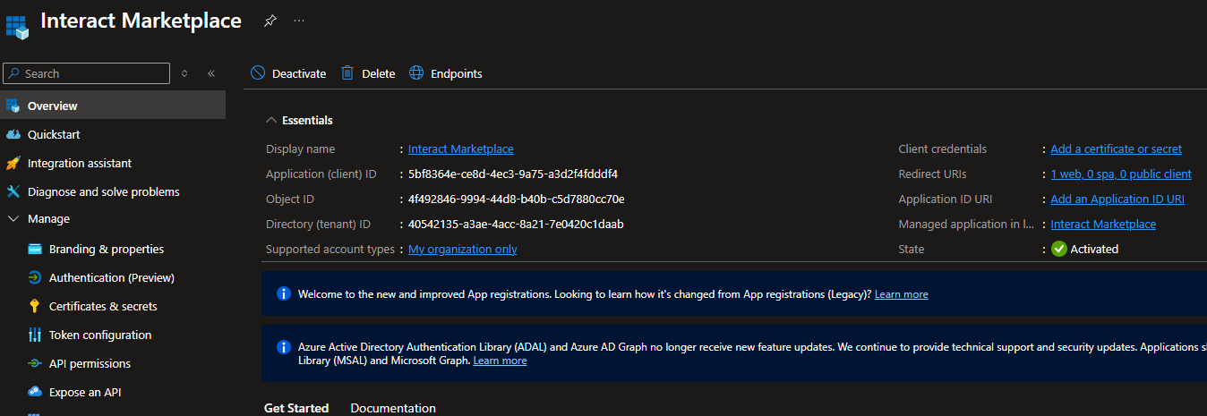 Application overview showing client and tenant IDs