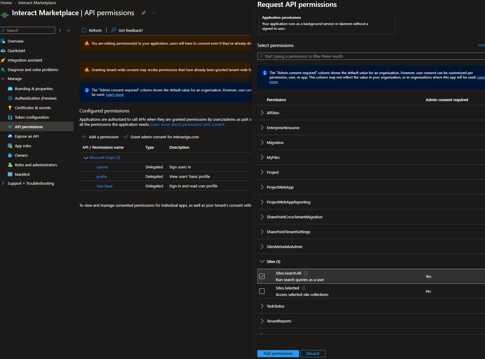 SharePoint API scope in the app registration