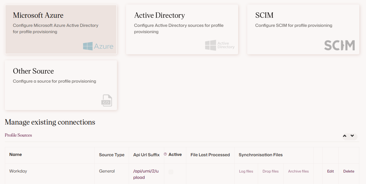 Manage Profile Sources page showing the domain ID of the source, here 1000