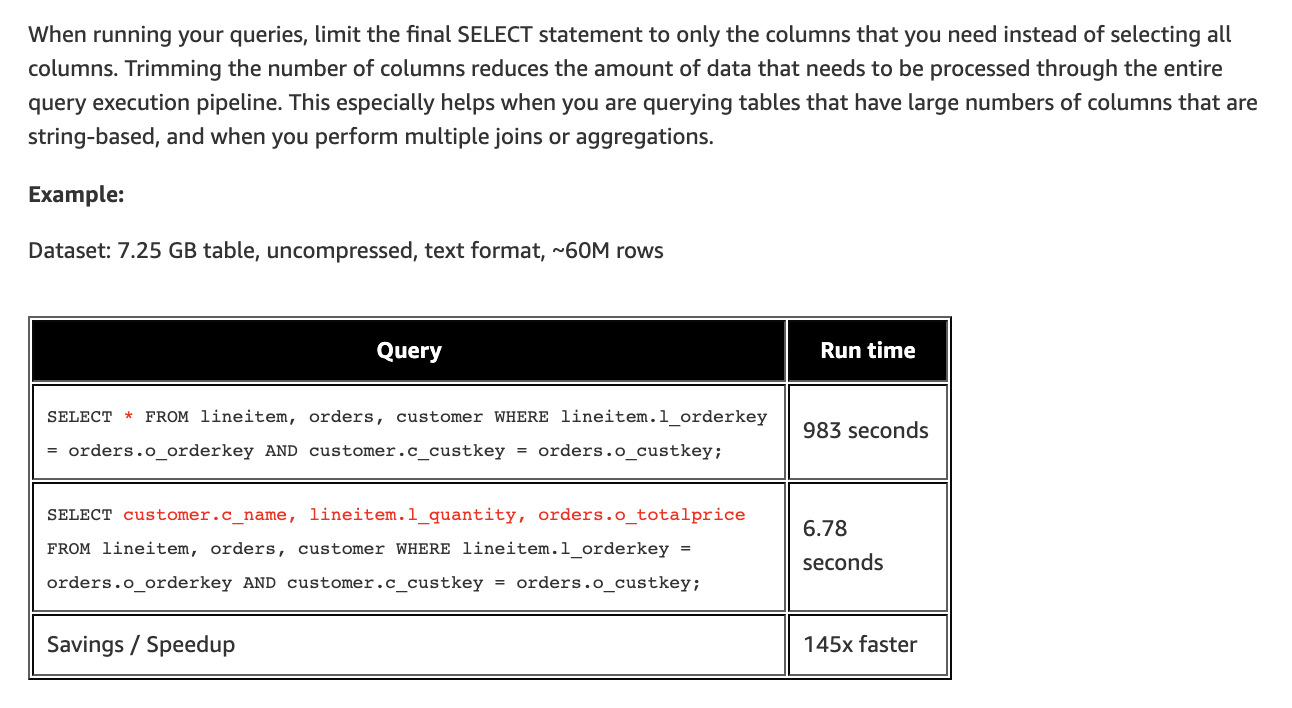 Column selection performance tuning guidance