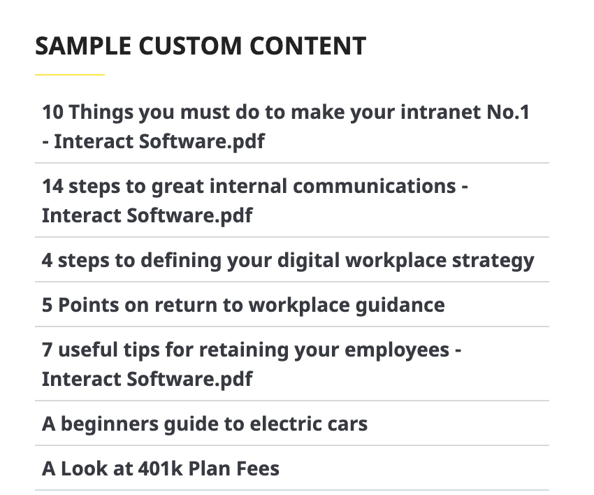 Custom content widget showing search results in a list