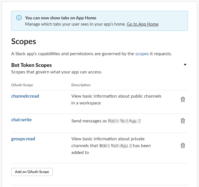 Bot token scopes