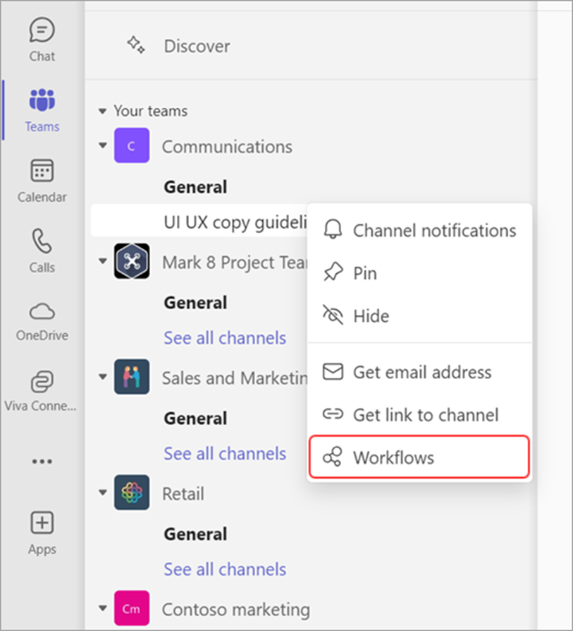 Workflows option on a channel