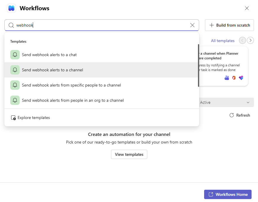 Selecting the webhook workflow template