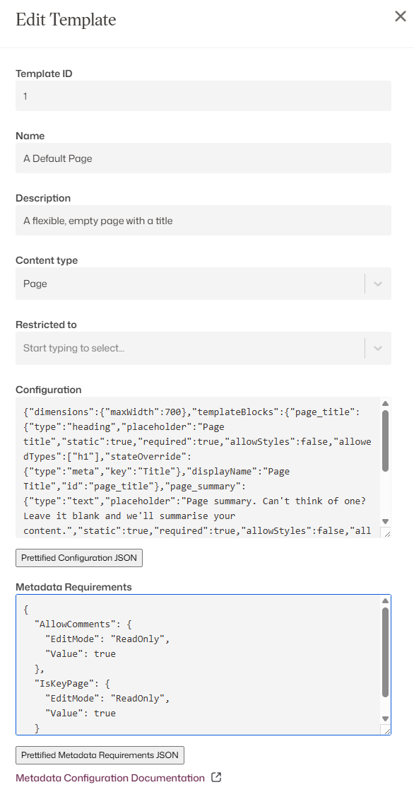Metadata requirements configuration panel