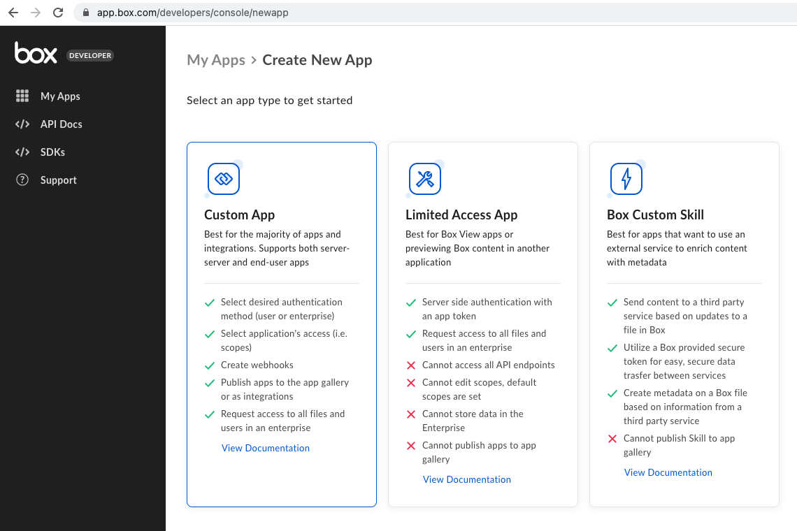 Box Developer Console new custom app