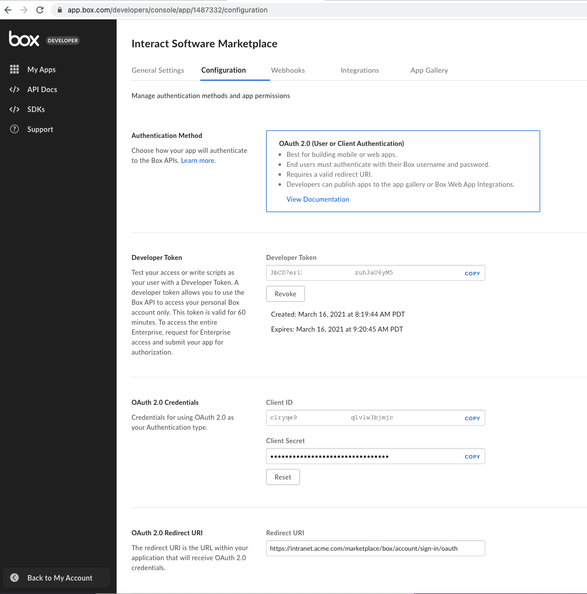 Box app configuration tab