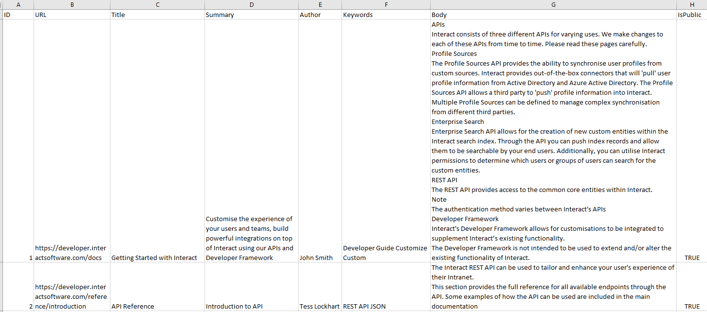 CSV file with header values for the web page import