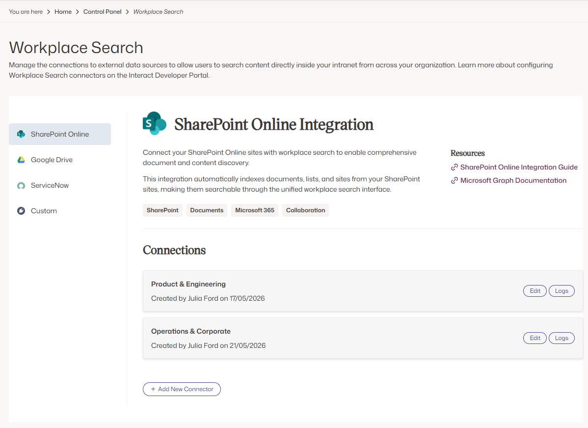 Workplace Search applications list