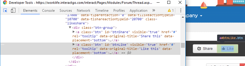 Inspecting the like button to find its ID
