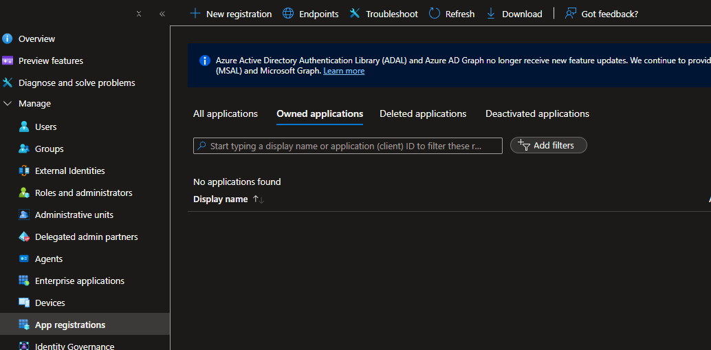 App registrations and New registration in the Entra ID portal