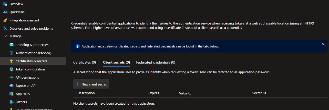 Certificates & secrets and New client secret