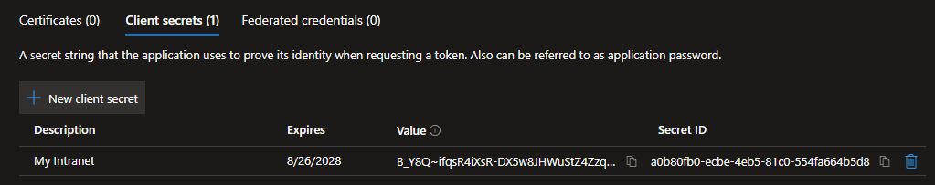 New client secret value displayed once