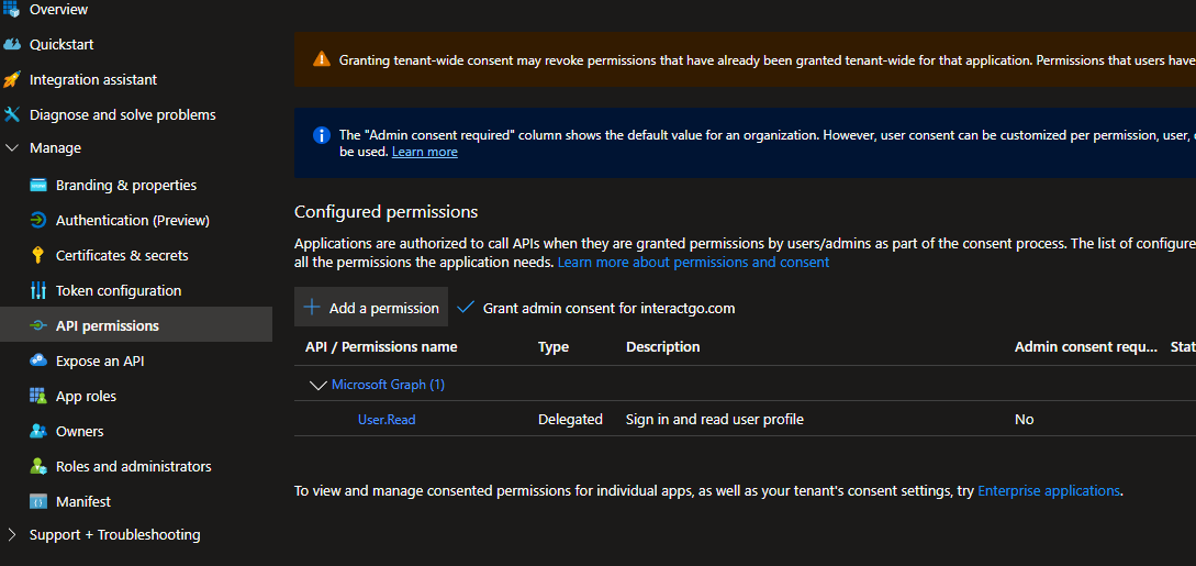 API permissions and Add permission