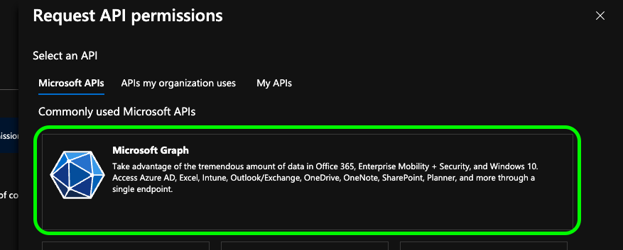 Selecting Microsoft Graph in the Request API permissions pane
