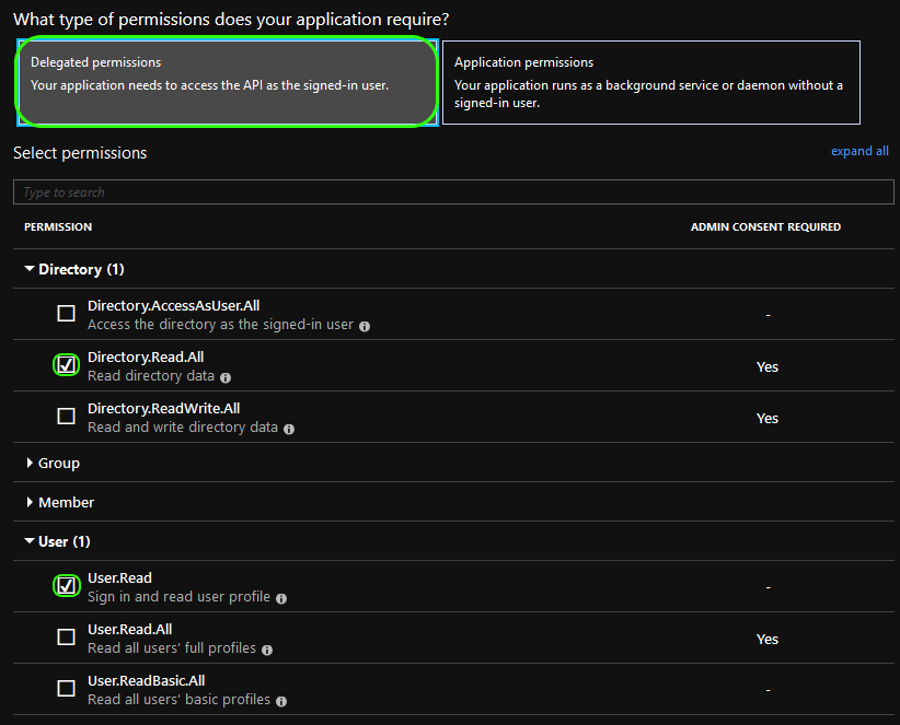 Selecting delegated permissions Directory.Read.All and User.Read