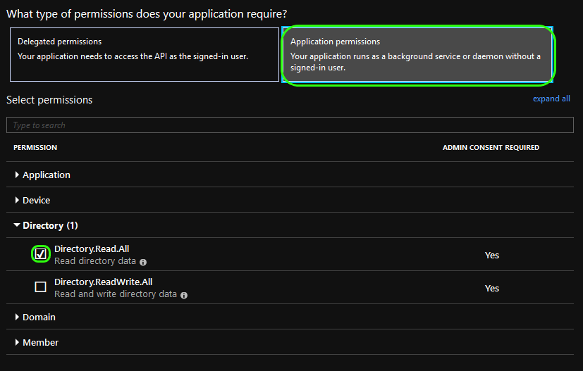 Selecting application permission Directory.Read.All