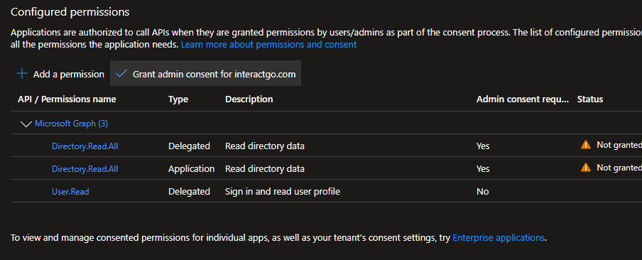 Grant admin consent button