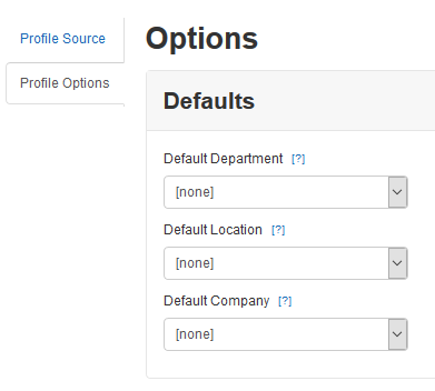 Profile Options tab with default Department, Location and Company
