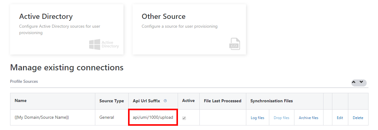 API URL suffix displayed after saving the profile source