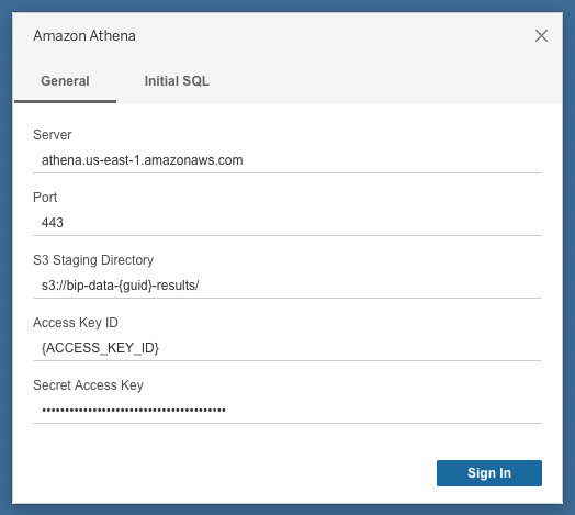 Enter Amazon Athena credentials in Tableau