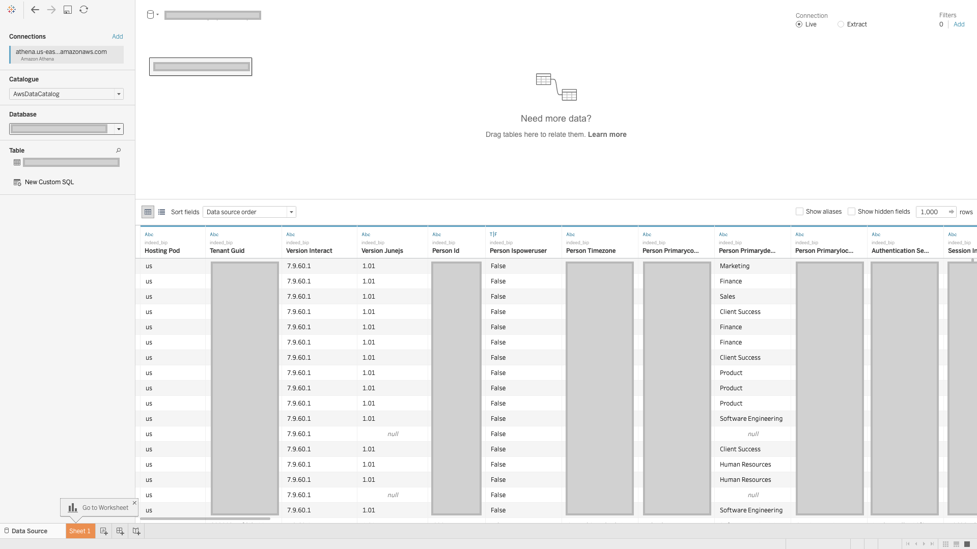 Select the database and table in Tableau