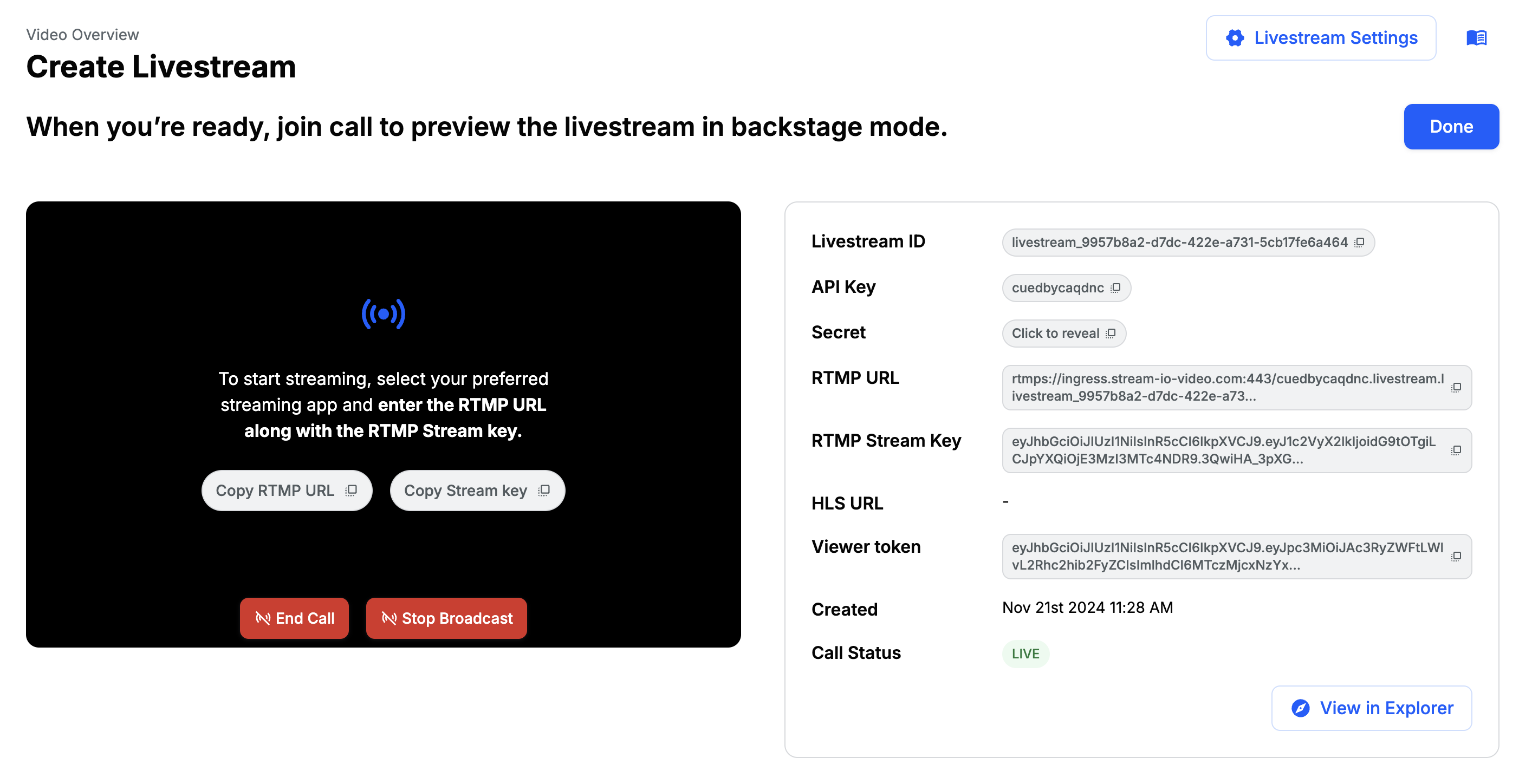 Stream livestream setup screen