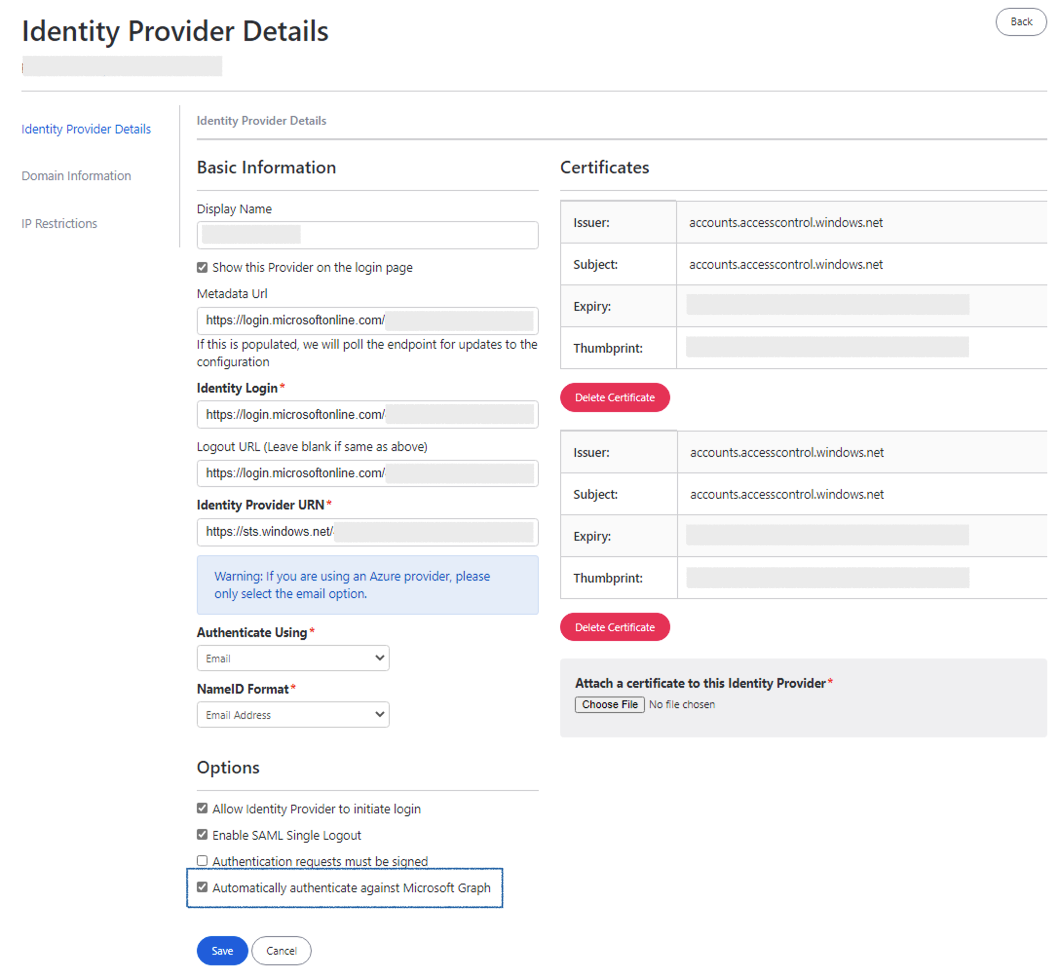 Automatically authenticate against Microsoft Graph checkbox