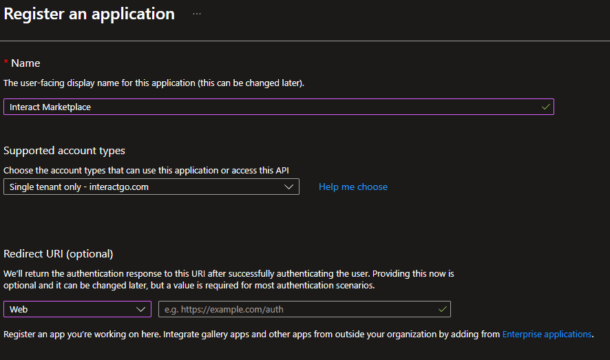 New registration with redirect URI