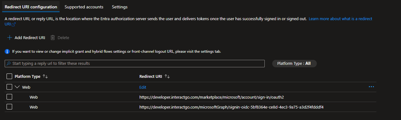 Redirect URI configuration with ID tokens enabled