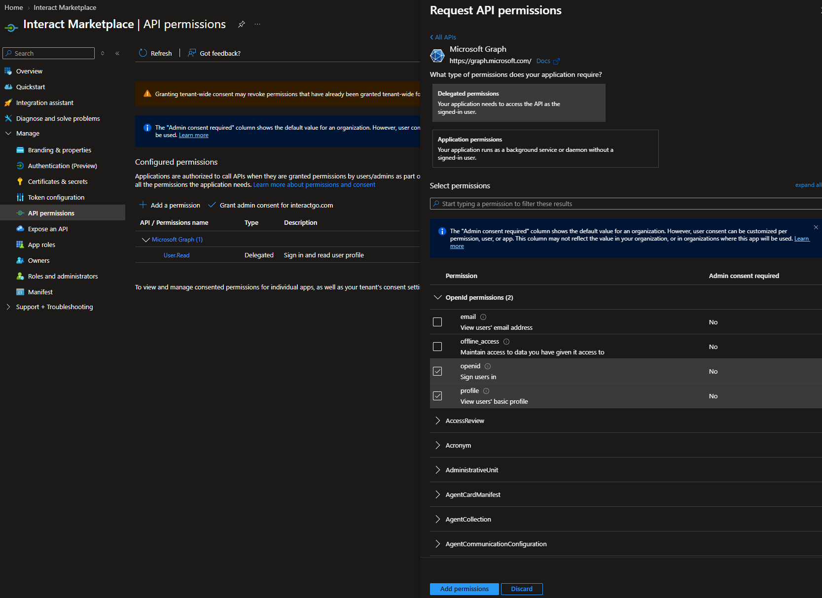 Microsoft Graph API scopes in the app registration