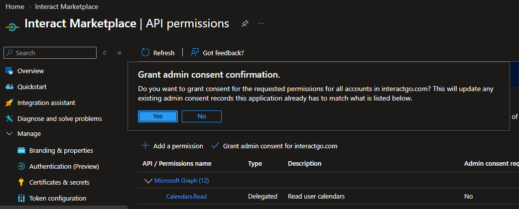Grant admin consent button