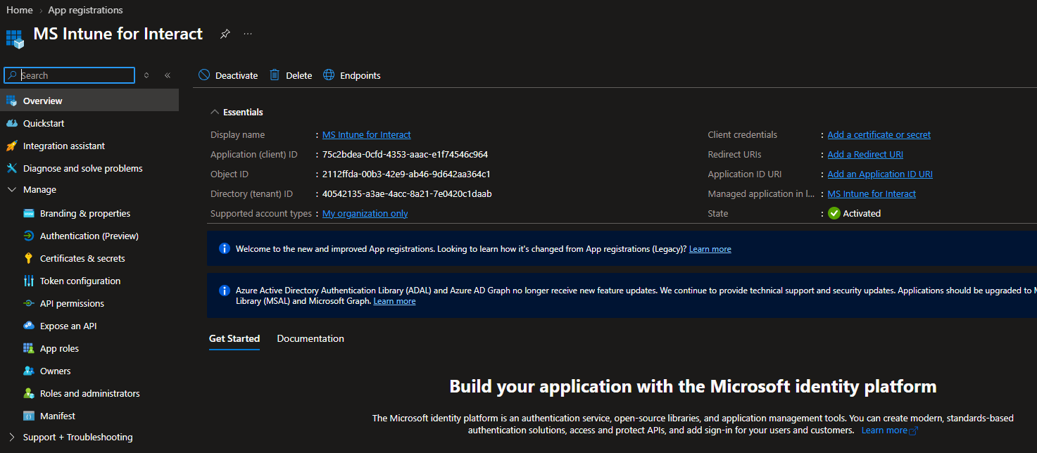 App overview page
