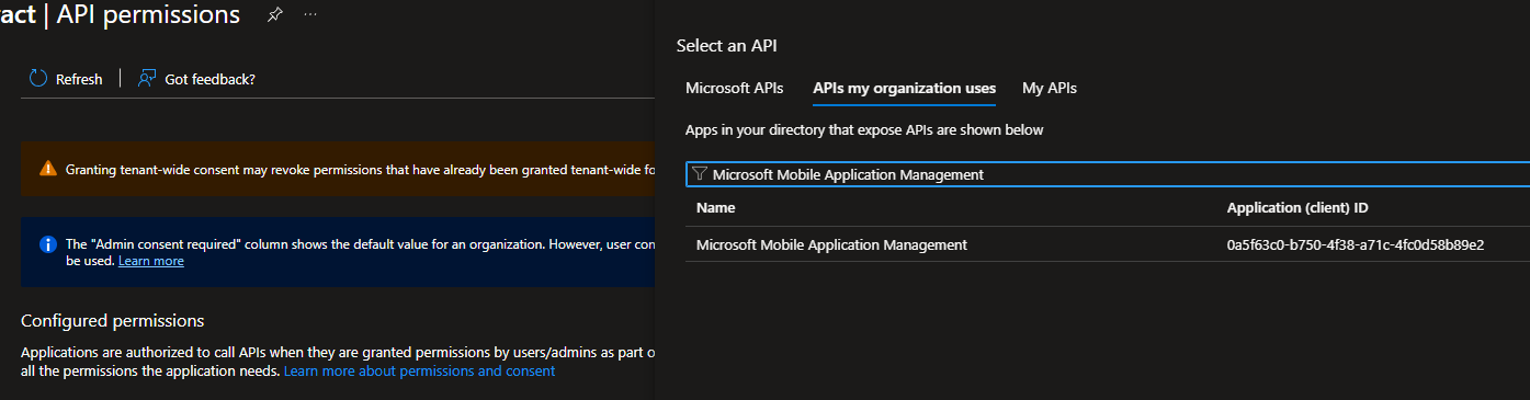 Add Microsoft Mobile Application Management permission