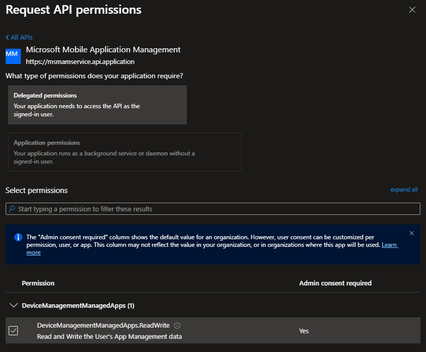 Select DeviceManagementManagedApps.ReadWrite