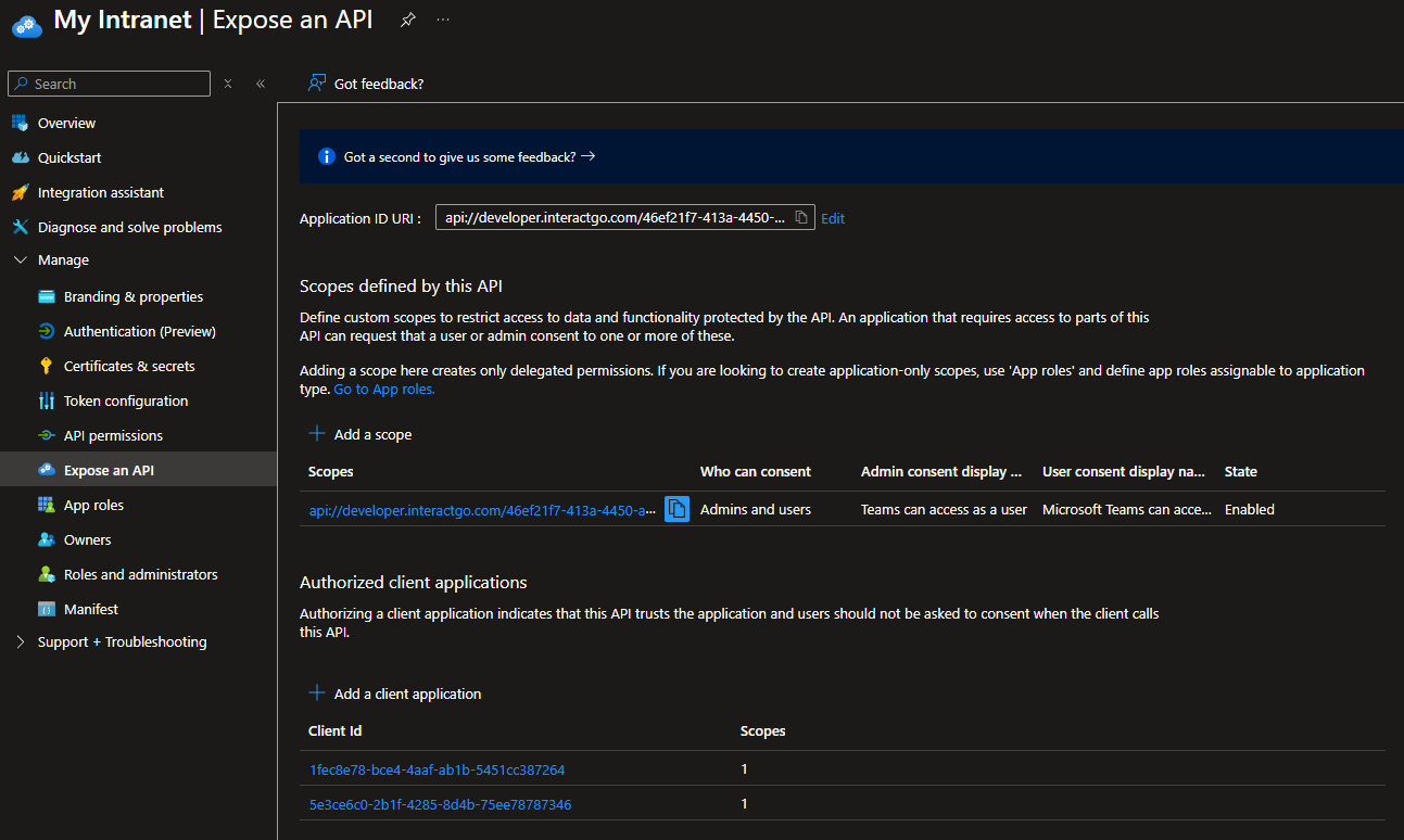 Authorized client applications configured