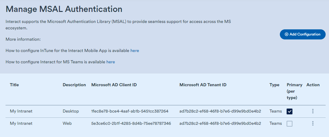 Teams MSAL configuration saved