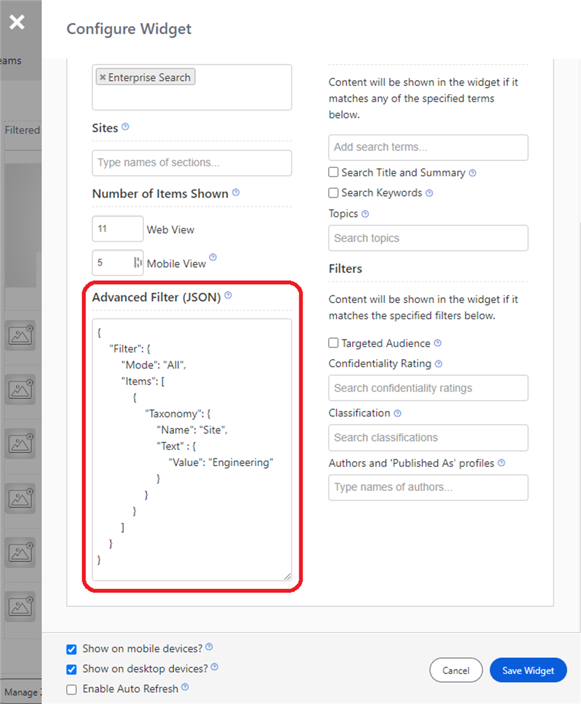 Advanced Filter (JSON) field on a Content Widget