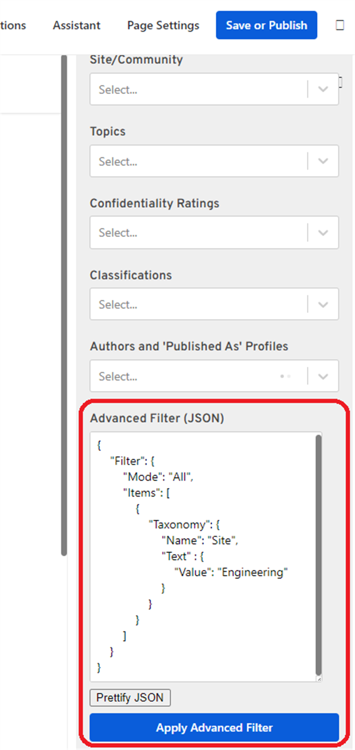 Advanced Filter (JSON) field on a Content Listing Block