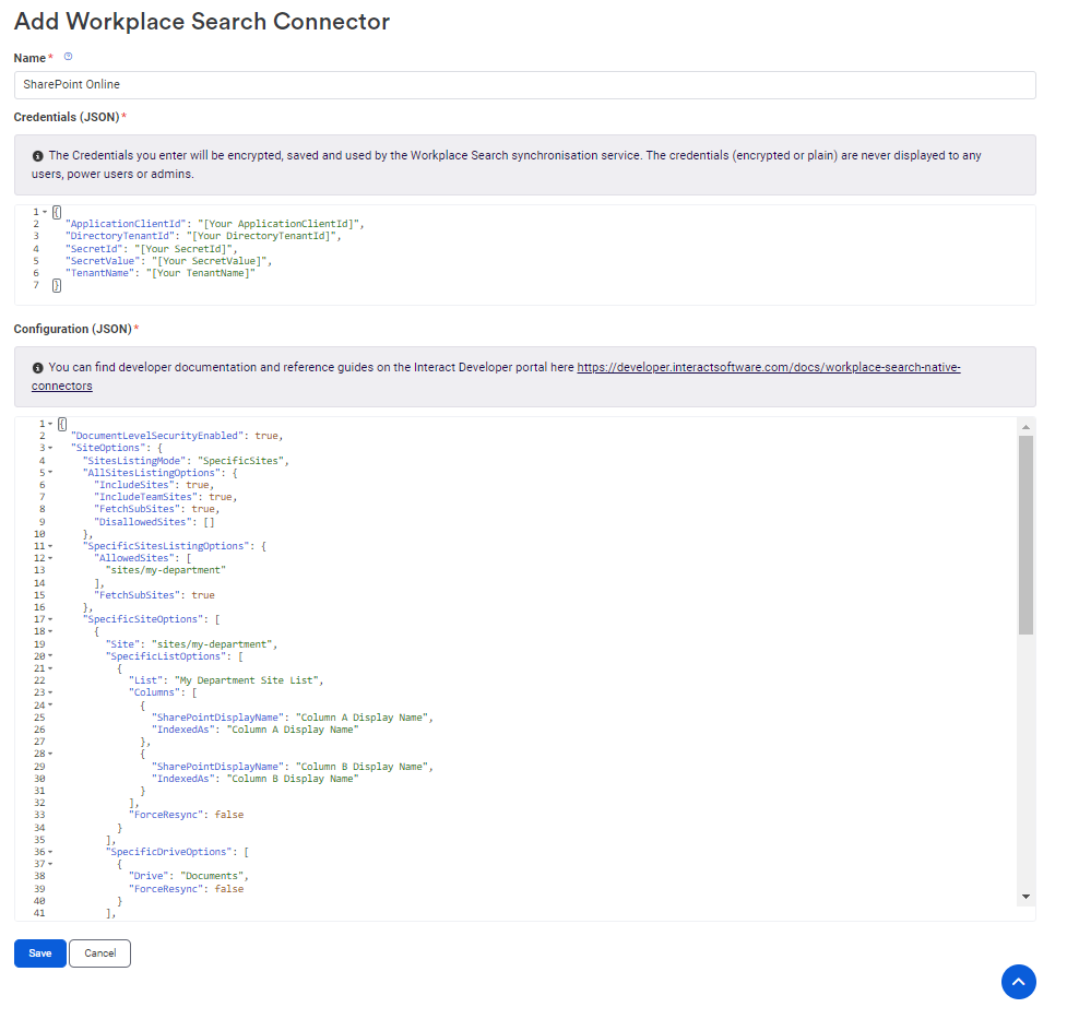 Creating a new connector with Credentials and Configuration JSON fields