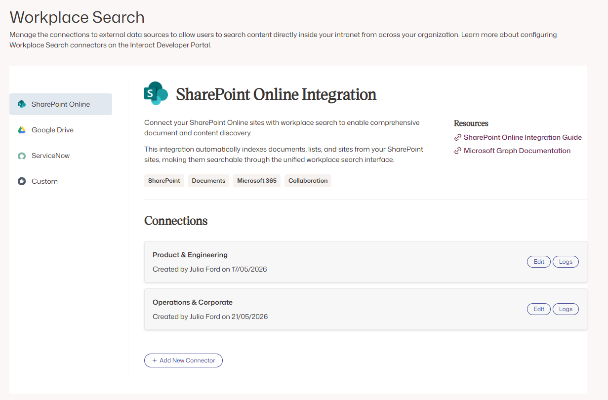 Create New Connector button in Workplace Search