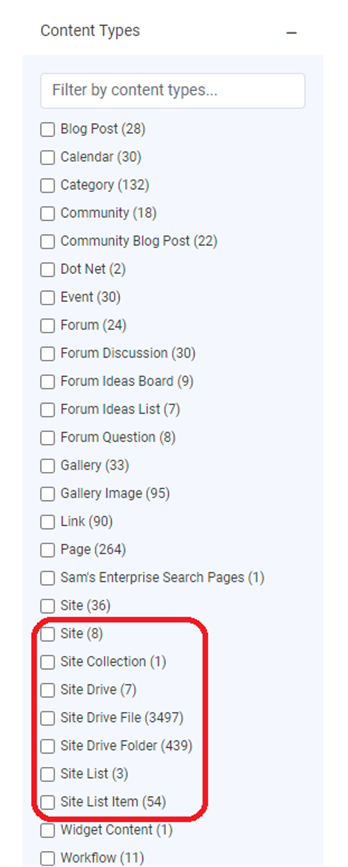General search Content Types filter