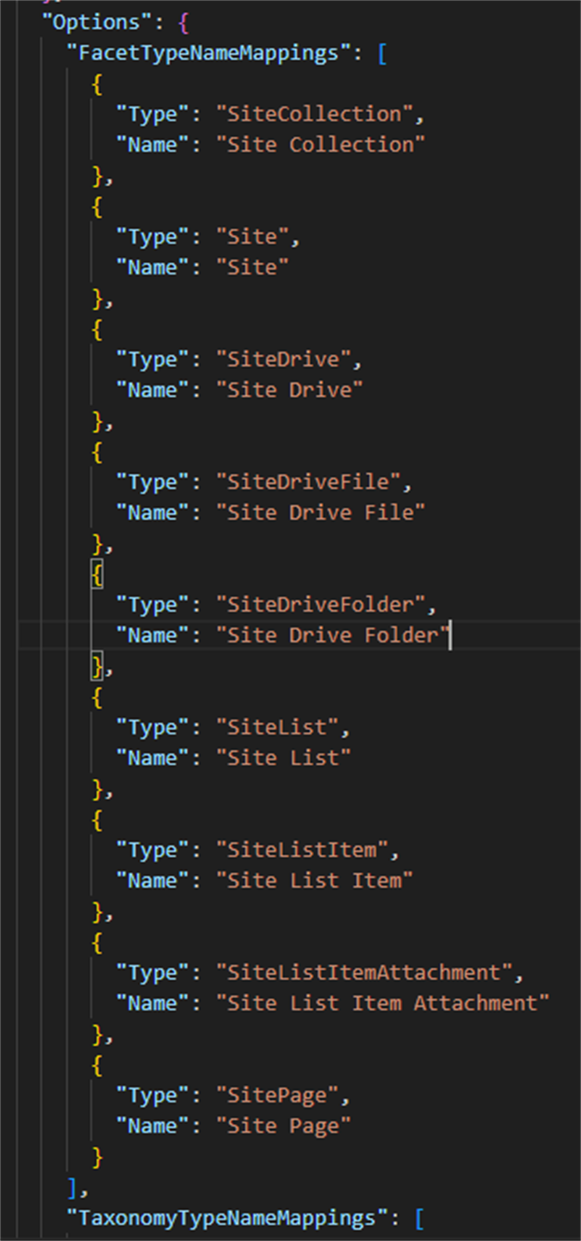 FacetTypeNameMappings under the Options node