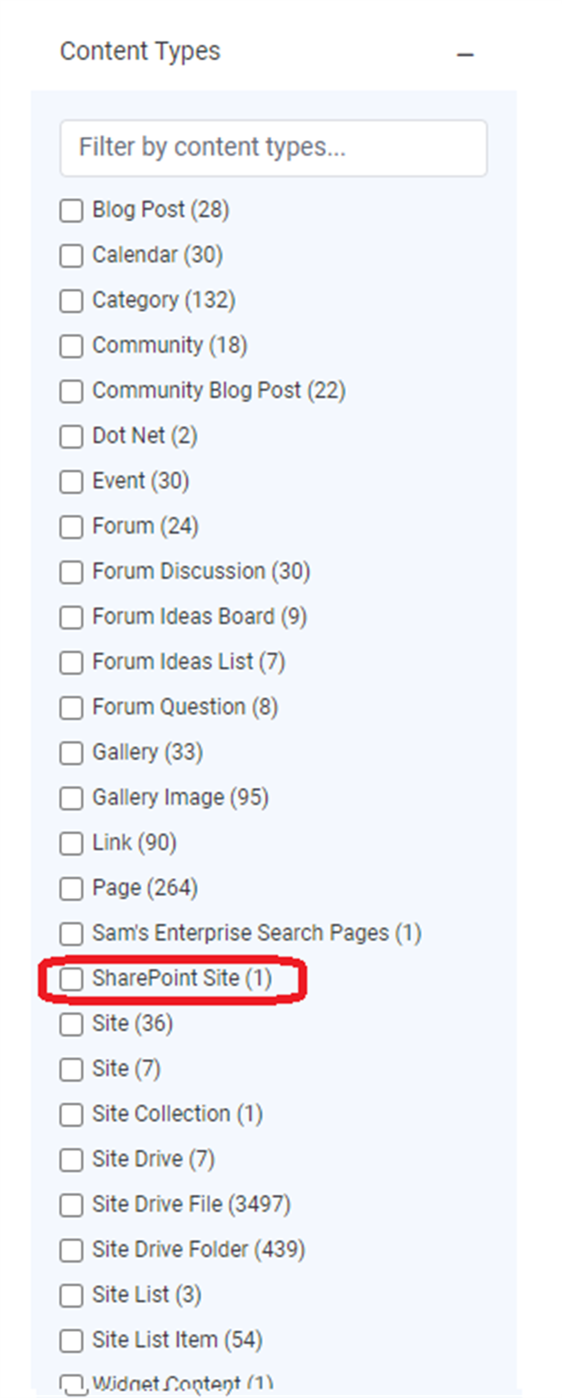 Search results showing the renamed SharePoint Site content type