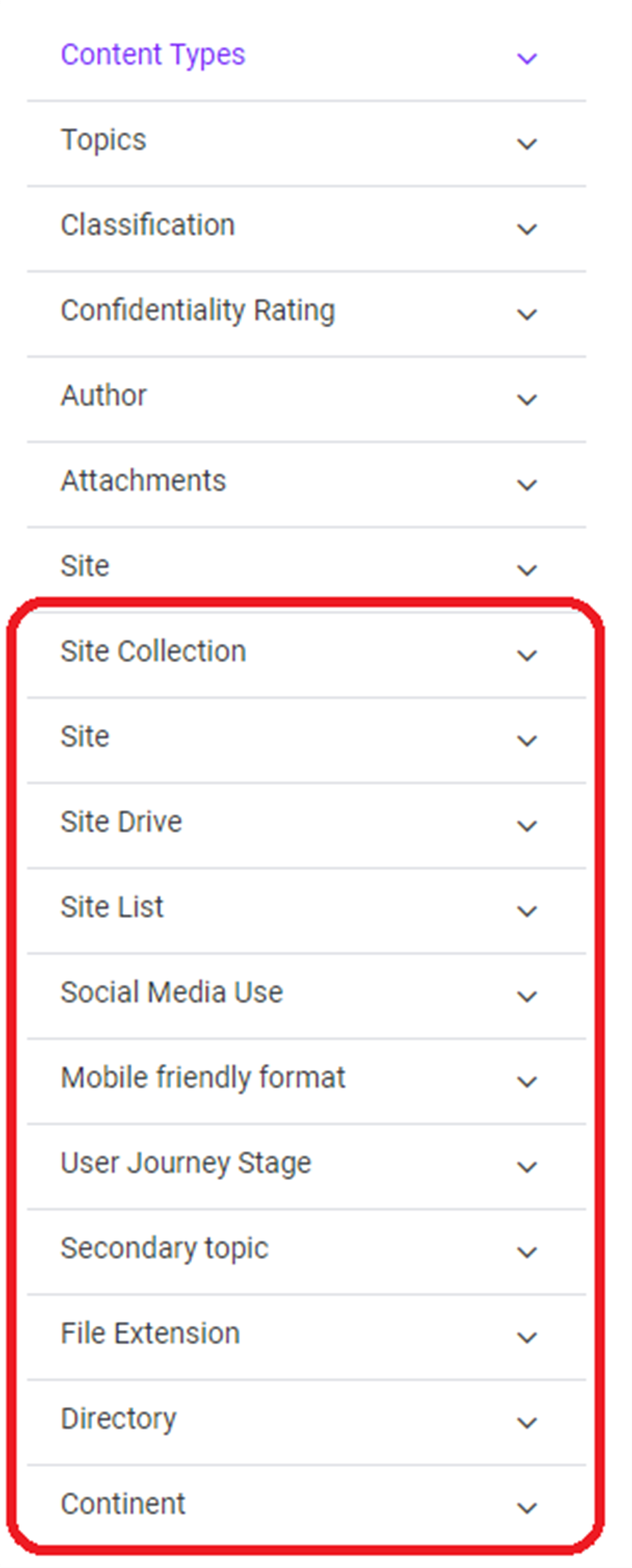 Standard and custom taxonomy values in search results