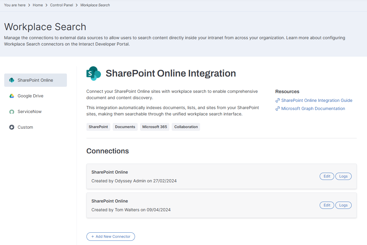 Workplace Search connectors list in the Control Panel