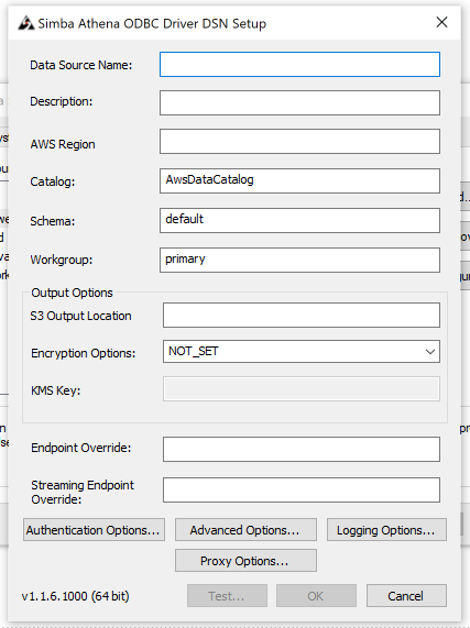 Default Simba Athena ODBC configuration page