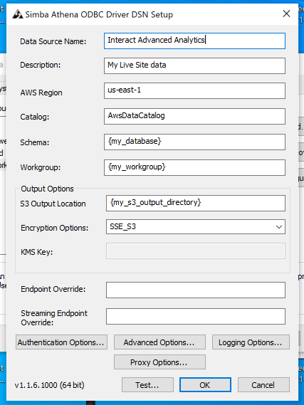 Completed Simba Athena ODBC configuration form